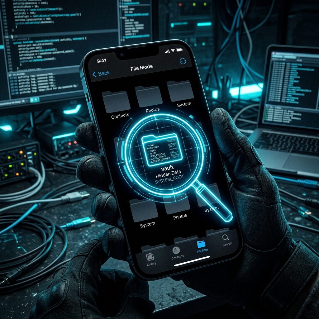 Magnifying glass over a smartphone screen showing hidden vault apps
