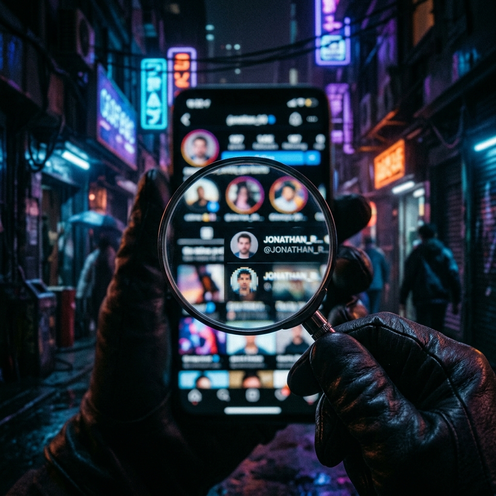Magnifying glass inspecting a dating profile representing a Tinder profile search